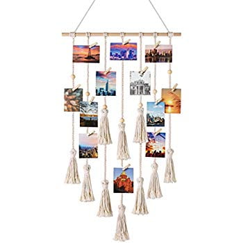 LATT Hanging Photo Display Picture Frame Macrame Wall Decor Hanging Pictures Organizer for Wall Bedroom Home Decoration 25 Wood Clips Cream